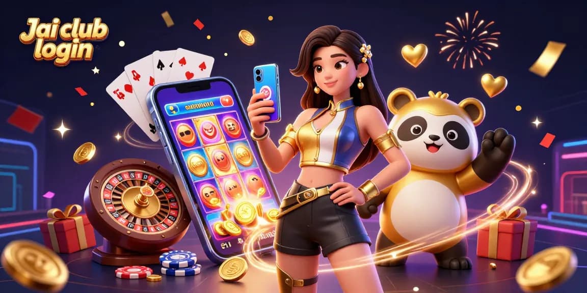 Engage with Jai club login, featuring a stylish Asian woman holding a smartphone displaying a casino game beside a golden panda.