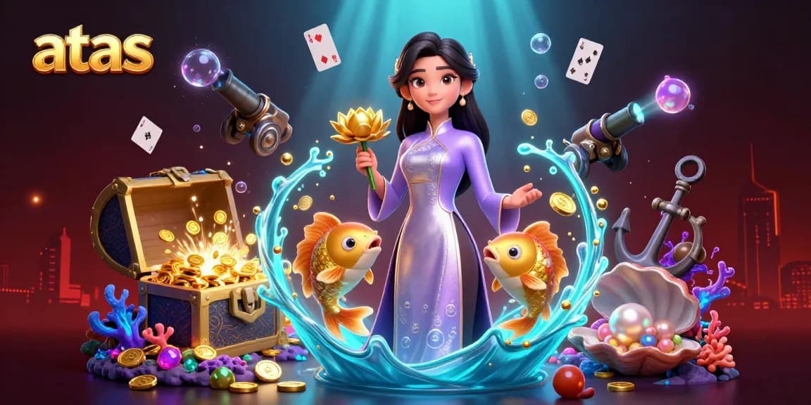 Play thrilling games at atas casino featuring exotic 3D Asian woman amidst treasures and vibrant animations.