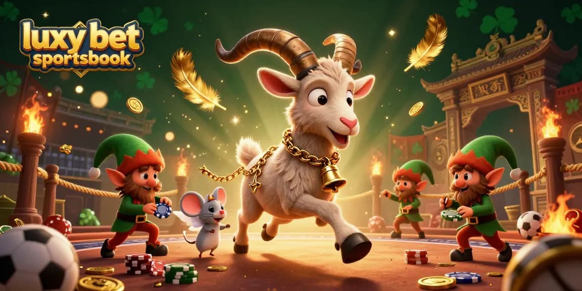 Experience thrilling action at luxy bet sportsbook with Krampus goat amidst festive chaos in a vibrant casino.