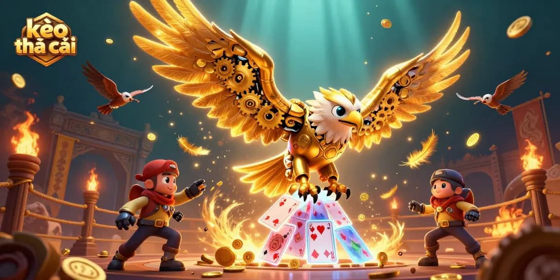 Engage with kèo nhà cái in this vibrant 3D scene featuring a golden eagle amidst playing cards and gaming tokens.