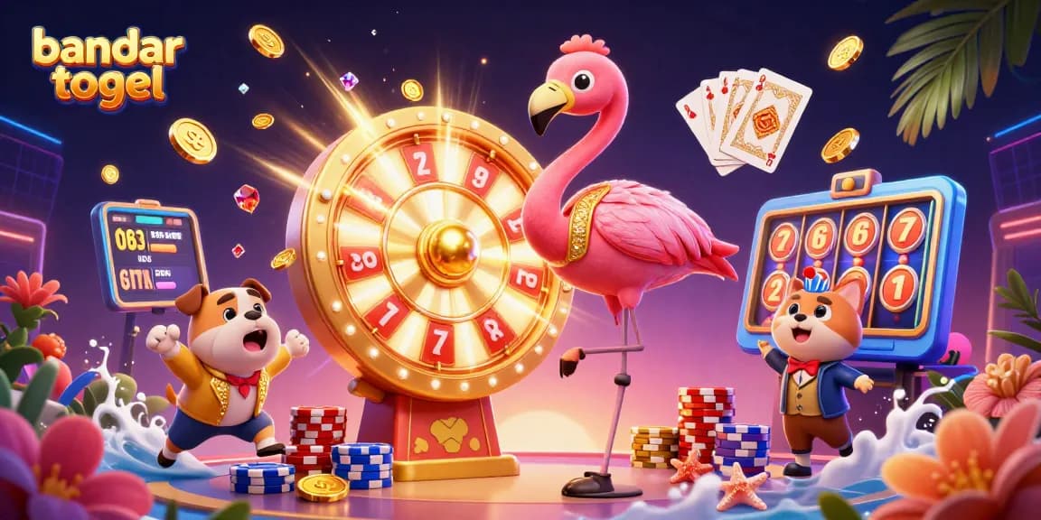Engage with bandar togel excitement as a game show host presents a prize wheel amidst vibrant casino elements.