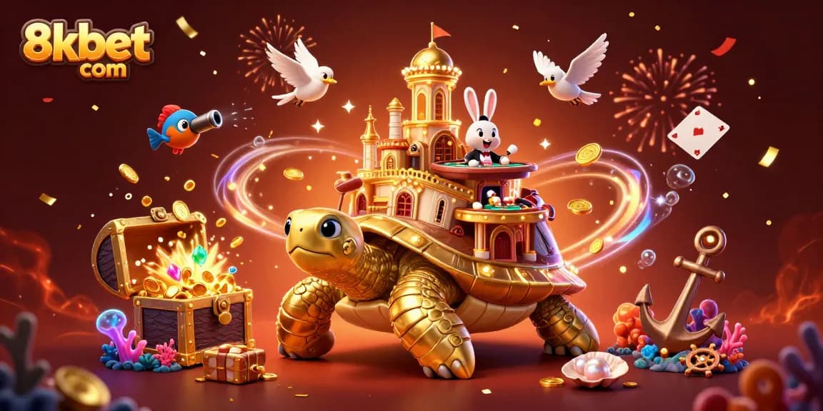 Experience the excitement of 8xbet com with this vibrant casino-themed illustration featuring a tortoise and dealer.