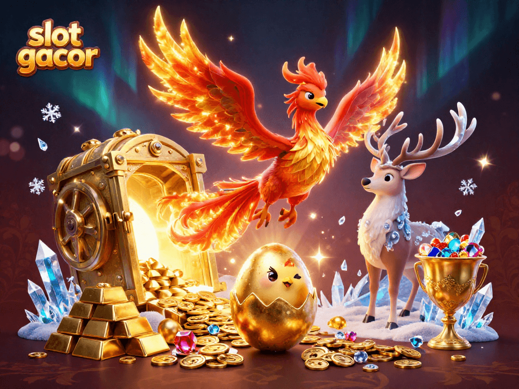 Experience the thrill of slot gacor with this vibrant 3D illustration showcasing fiery phoenixes and treasure.