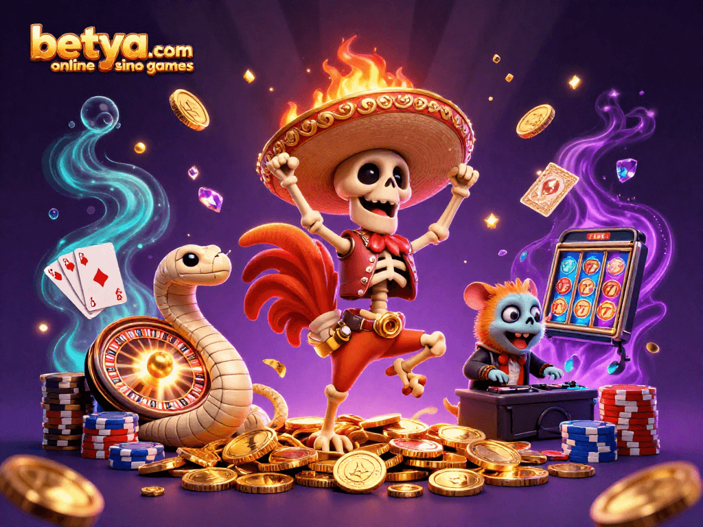 Experience the excitement of betya.com online casino games with vibrant illustration featuring a lively victory dance among casino elements.