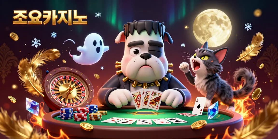 Engage with 조이카지노's live casino atmosphere while a bulldog monster deals cards and playful characters enhance fun.