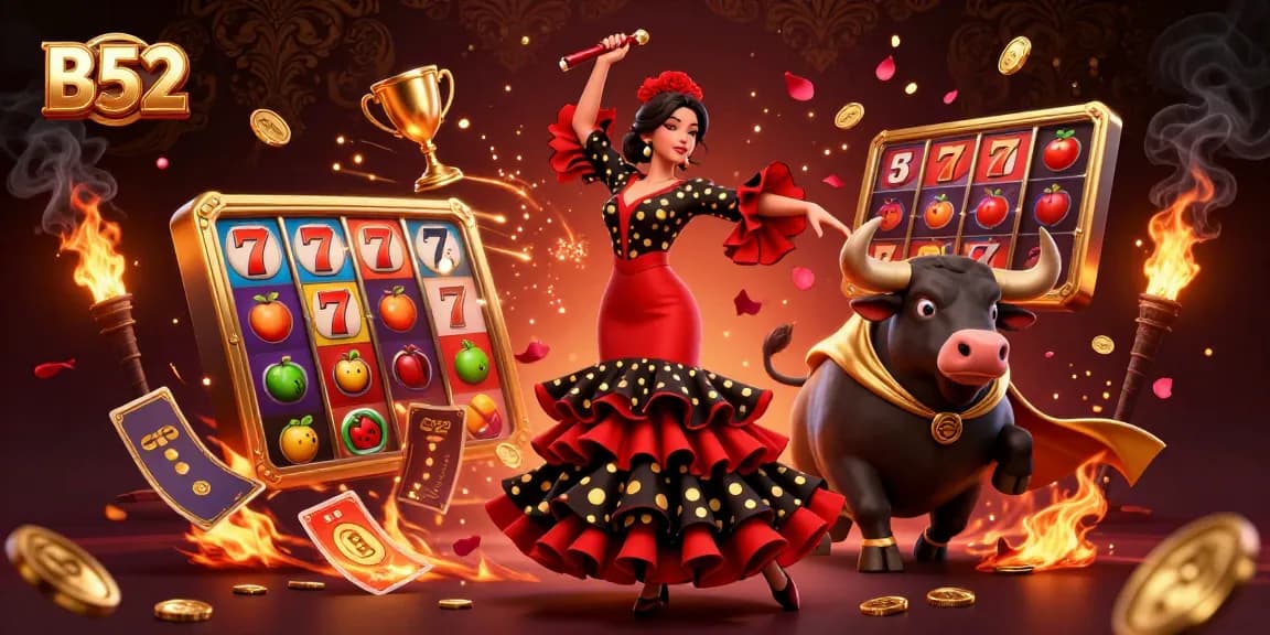 Experience thrilling B52 casino action with vibrant scenes of a flamenco dancer and golden bull.