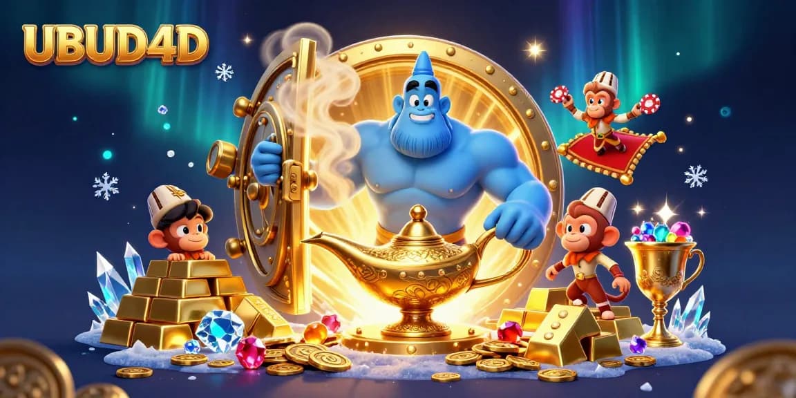 Experience UBUD4D with a vibrant scene of a blue genie and a monkey surrounded by sparkling gems and gold while playing cards.