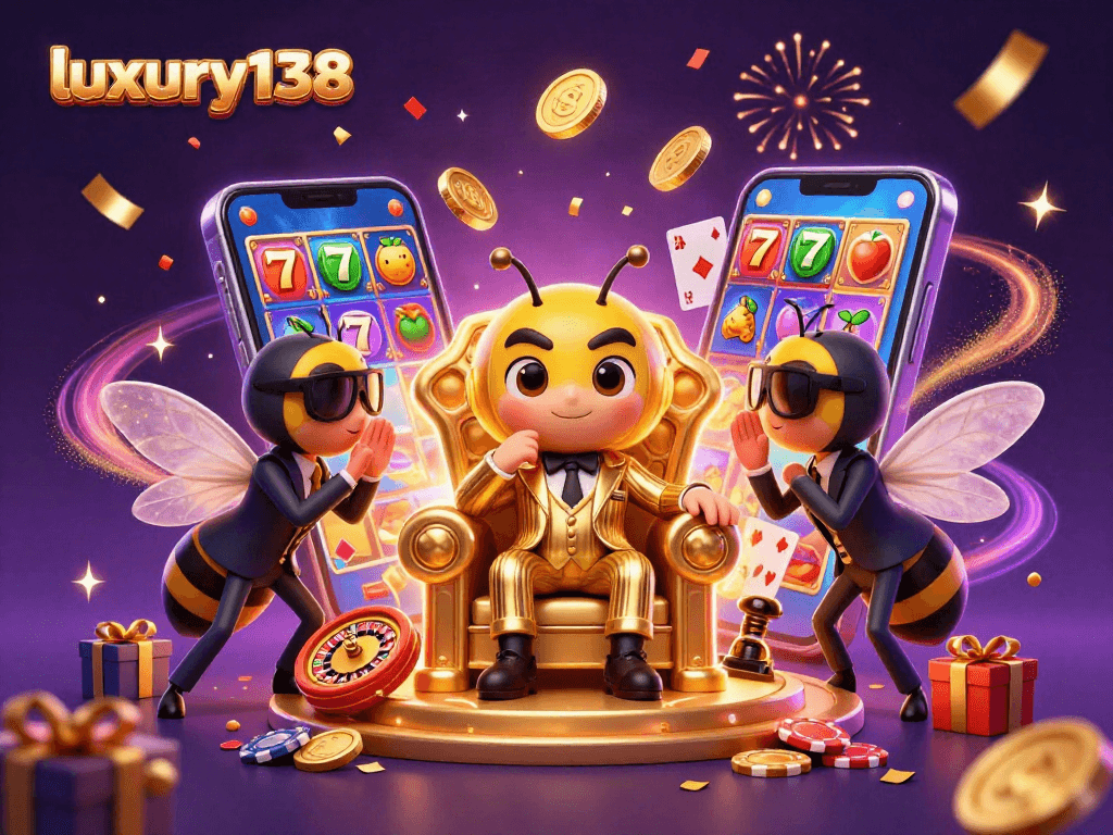 Ilustrasi 3D artistik menunjukkan karakter luxury138 di kasino dengan permainan slot dan suasana meriah.