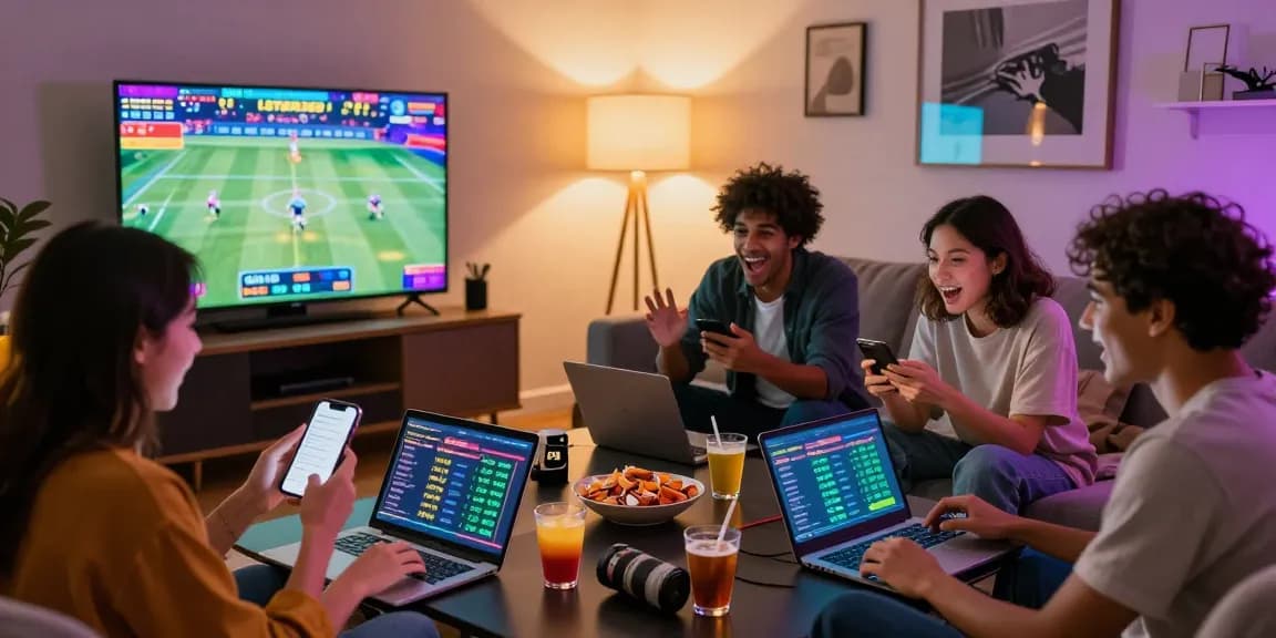 Friends enjoying online betting with lotus365 platform in a lively living room atmosphere.