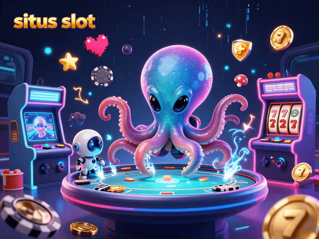 Menghadapi situs slot dengan slot gulungan dan chip poker berputar di sekitar karakter alien
