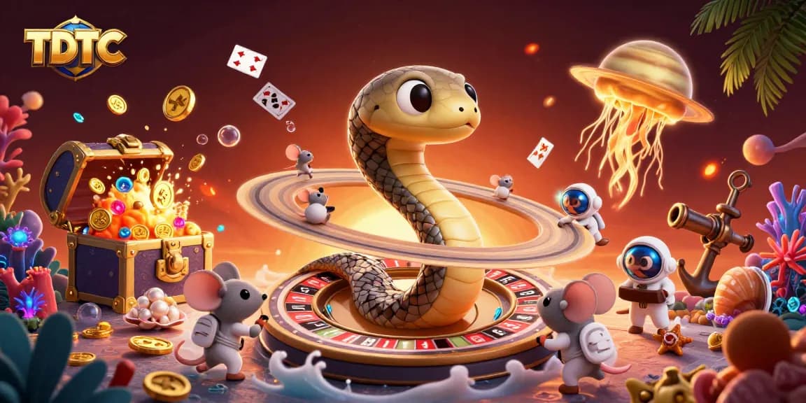Experience the thrilling TDTC adventure as mice gamble on a cosmic roulette wheel in a detailed 3D scene.