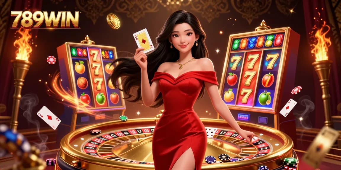 Experience the thrill of 789WIN with stunning casino visuals and dynamic slot machine elements.