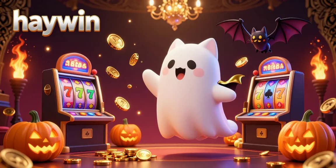 Experience vibrant gaming at haywin with a ghost cat and vampire bat in a lively casino.