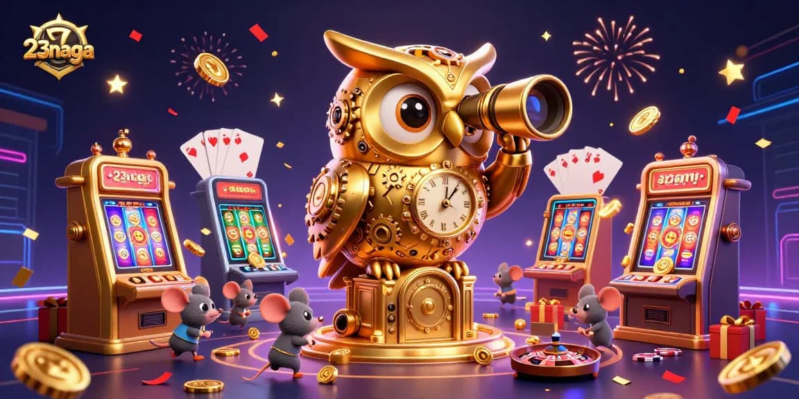 Engage with 23naga's vibrant casino scene featuring a golden owl and dynamic game elements!
