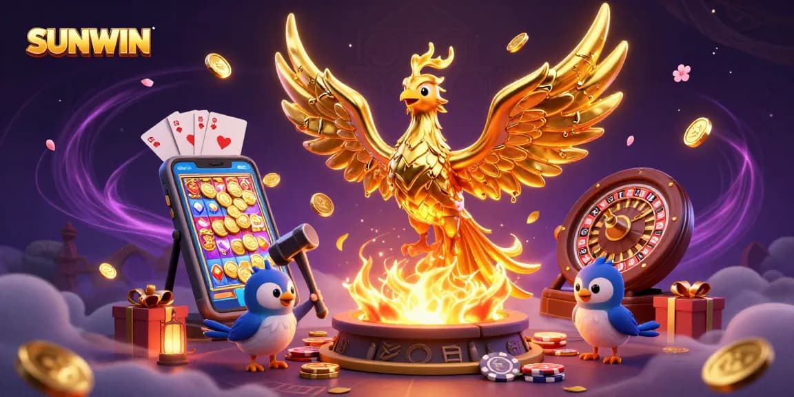 SUNWIN casino scene depicting a golden phoenix emerging from a forge, surrounded by vibrant gaming elements and dynamic coins.