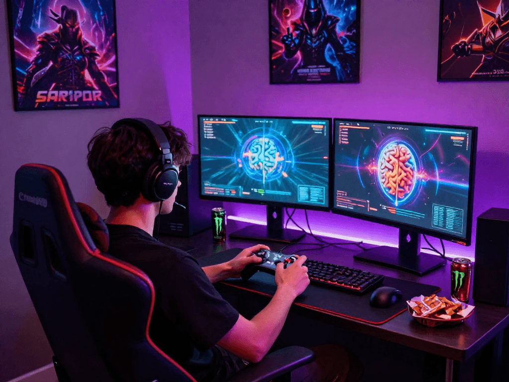 Engaging gamer immersed in mind control porn gameplay within an immersive gaming environment.