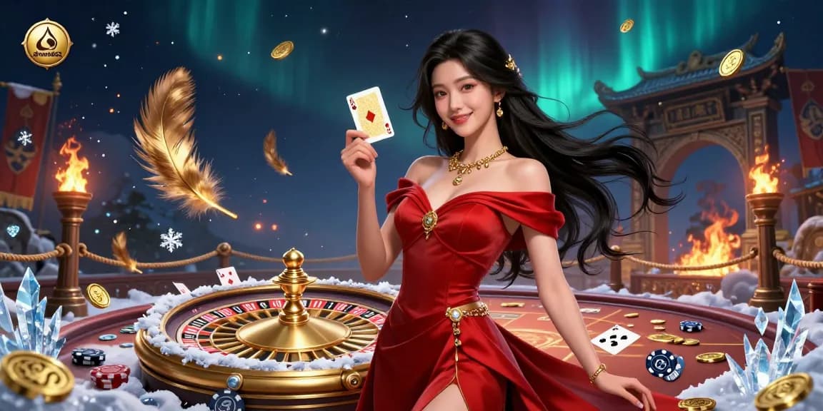 Experience thrilling gaming at drawadot with a glamorous woman holding cards near a roulette wheel.