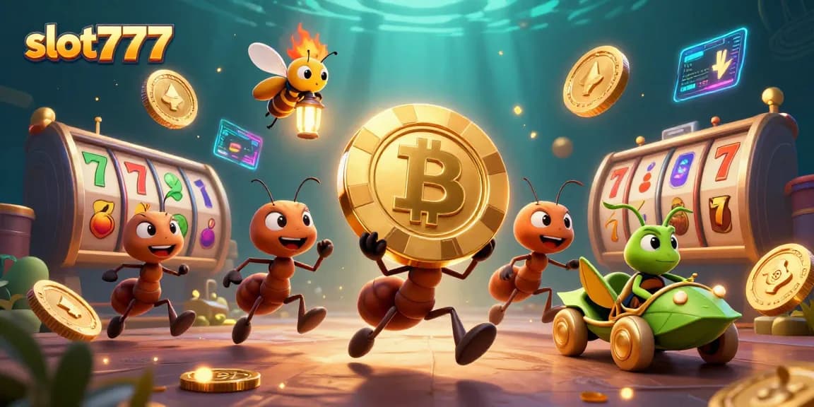 Experience exciting slot777 adventures with ants heisting a giant poker chip in a lively casino scene.