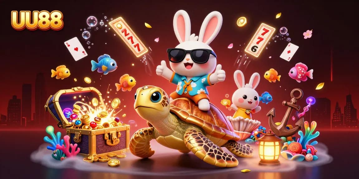 Engage in thrilling gameplay at UU88 with a lucky rabbit and a golden sea turtle in a vibrant casino scene.