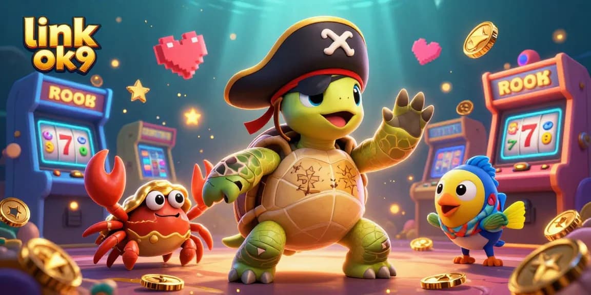Engage in casino gaming excitement with link ok9, featuring a pirate turtle and colorful slot elements.