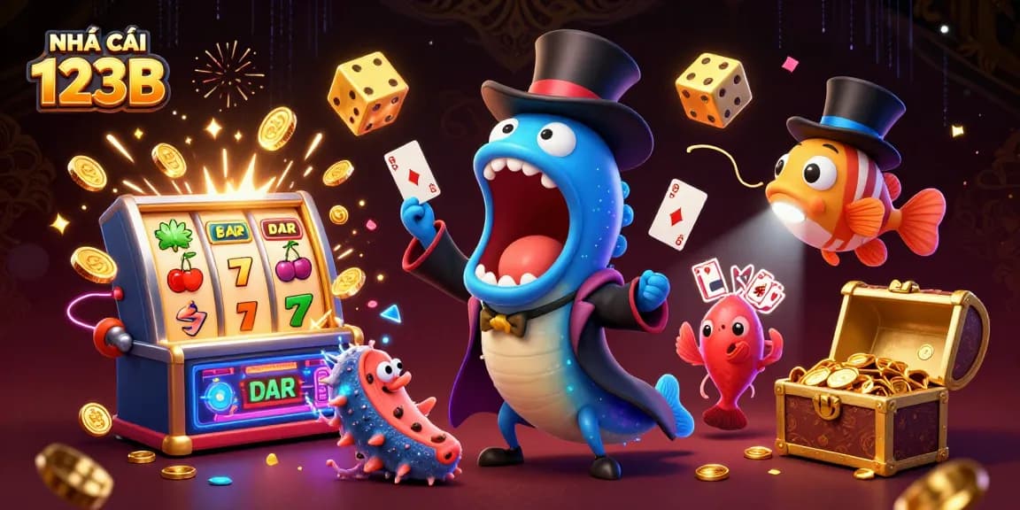 Experience the excitement at NHÀ CÁI 123B with a vibrant 3D casino illustration showcasing thrilling games.