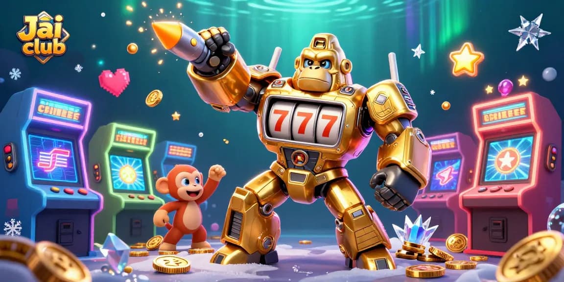 Experience the excitement of Jai club with a dynamic 3D illustration featuring a golden gorilla mech and colorful game elements.