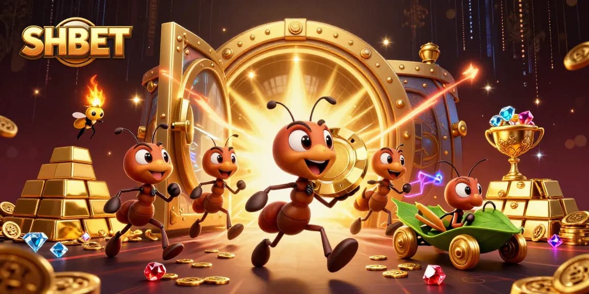 SHBET offers players a thrilling heist-themed casino experience with ant characters and gold treasures.