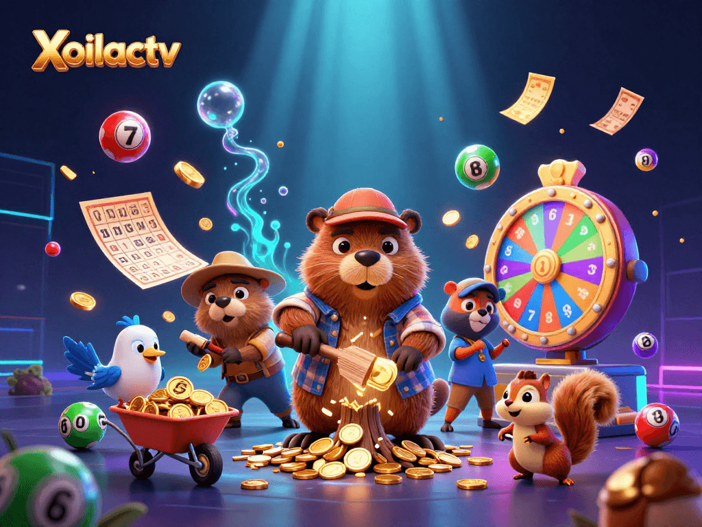 Xoilactv showcases a vibrant scene with a cartoon beaver chopping a tree that rains gold coins, surrounded by dynamic lottery elements.