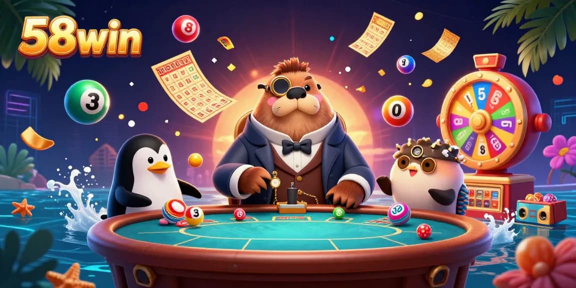 Engage with 58win at an underwater poker table with colorful lottery elements in vibrant action.