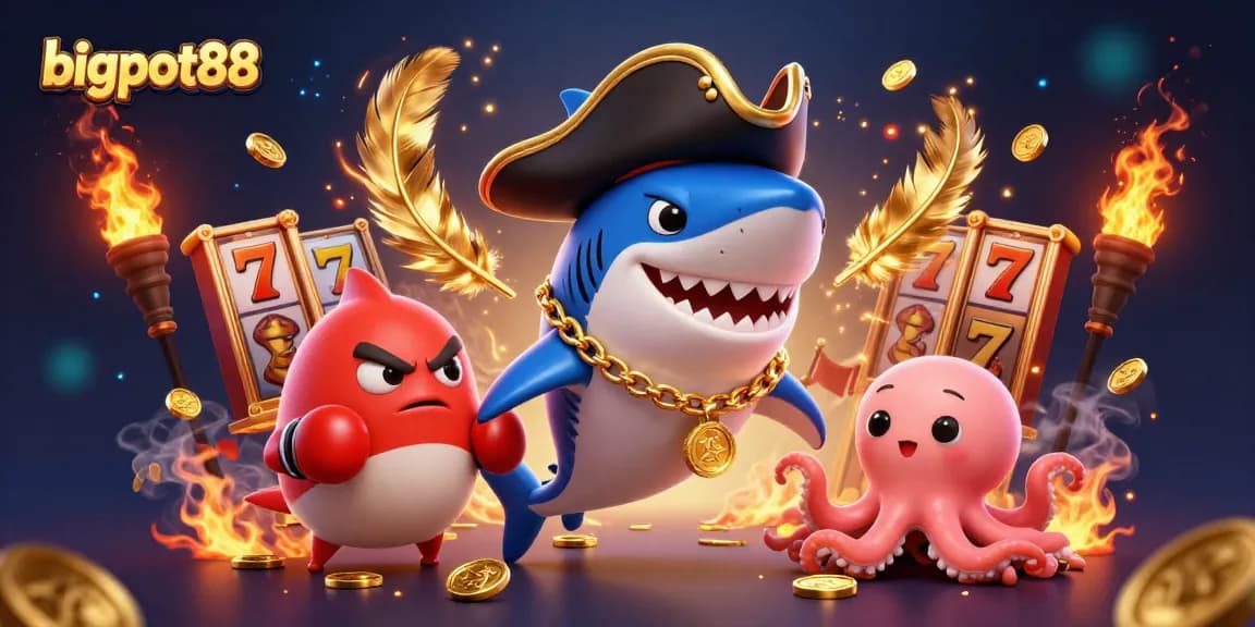 Experience bigpot88's thrilling slots with cartoon shark, pufferfish, and octopus in action.