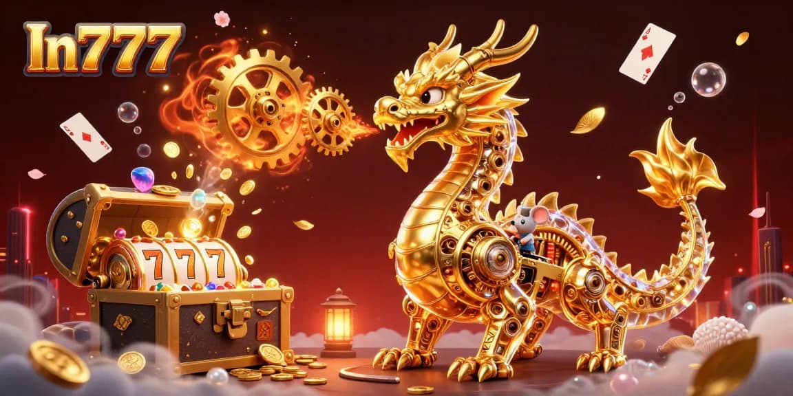 Experience thrilling gameplay with In777 as a golden dragon and engineer amid treasures and vibrant casino elements.