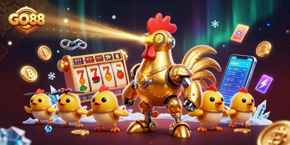 Engage with GO88 in this vibrant 3D casino scene featuring the golden rooster robot and slot game elements.
