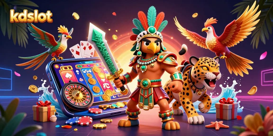 Unlock thrilling wins at kdslot with an action-packed scene featuring slot games, coins, and epic Aztec warriors.
