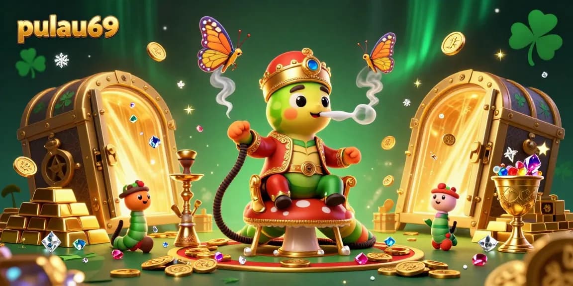 Experience the excitement of pulau69 with a vibrant casino-themed 3D illustration of a whimsical caterpillar master.