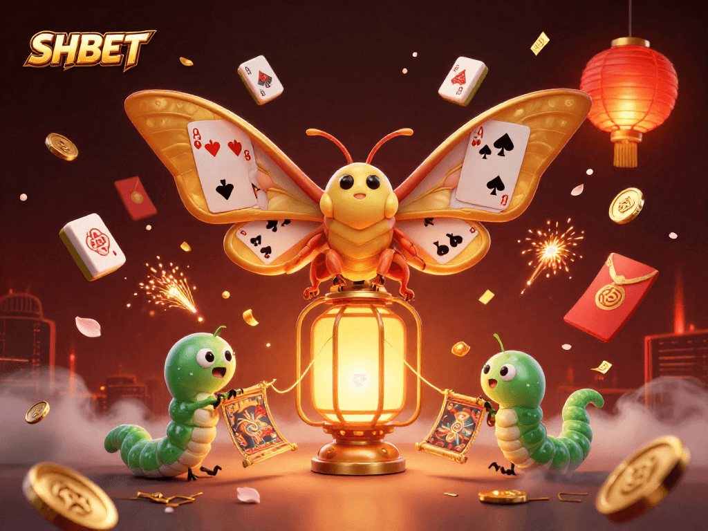Engage in the vibrant SHBET experience featuring an ornate moth symbolizing luck and fortune amidst gold and casino elements.
