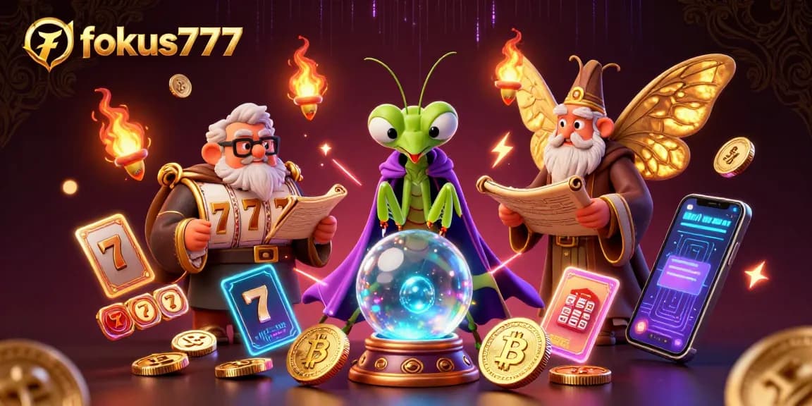 Engage with fokus777's thrilling slot games surrounded by vibrant energy and mystical characters.