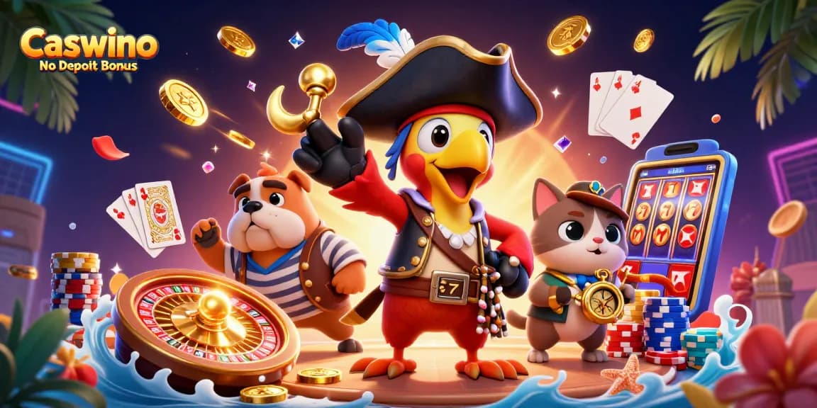 Experience the Caswino No Deposit Bonus during exhilarating casino gameplay with vibrant elements and characters.