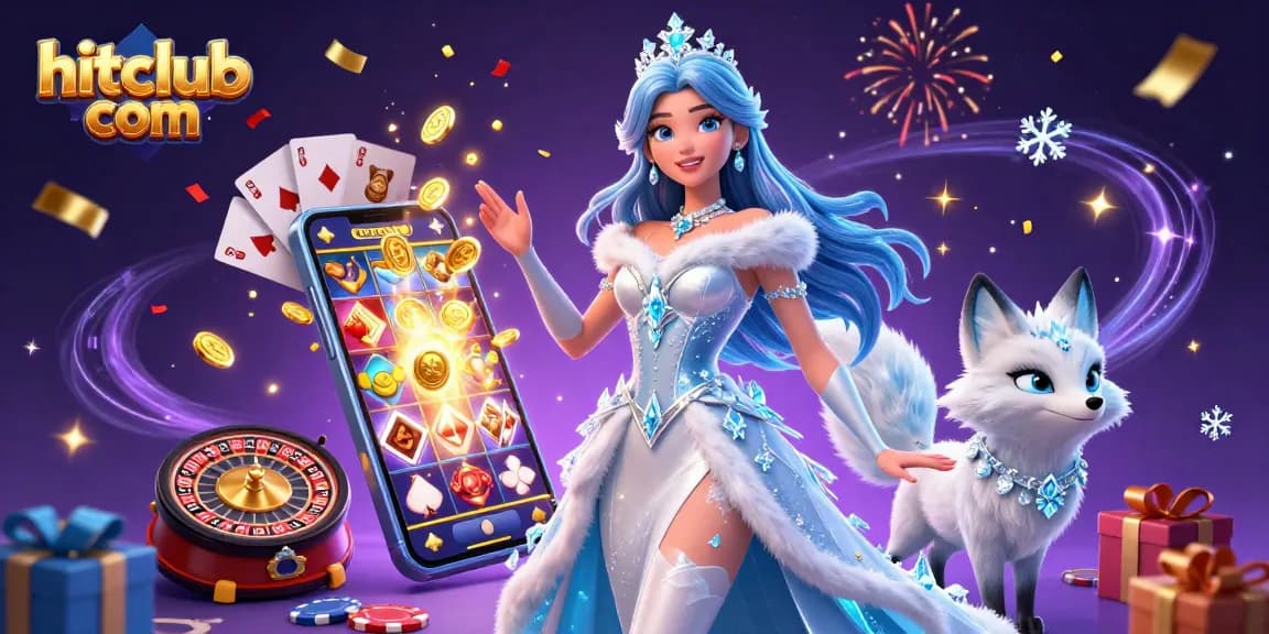 Win at hitclub com with a stunning illustration of a lady and fox amidst vibrant casino games and celebratory elements.