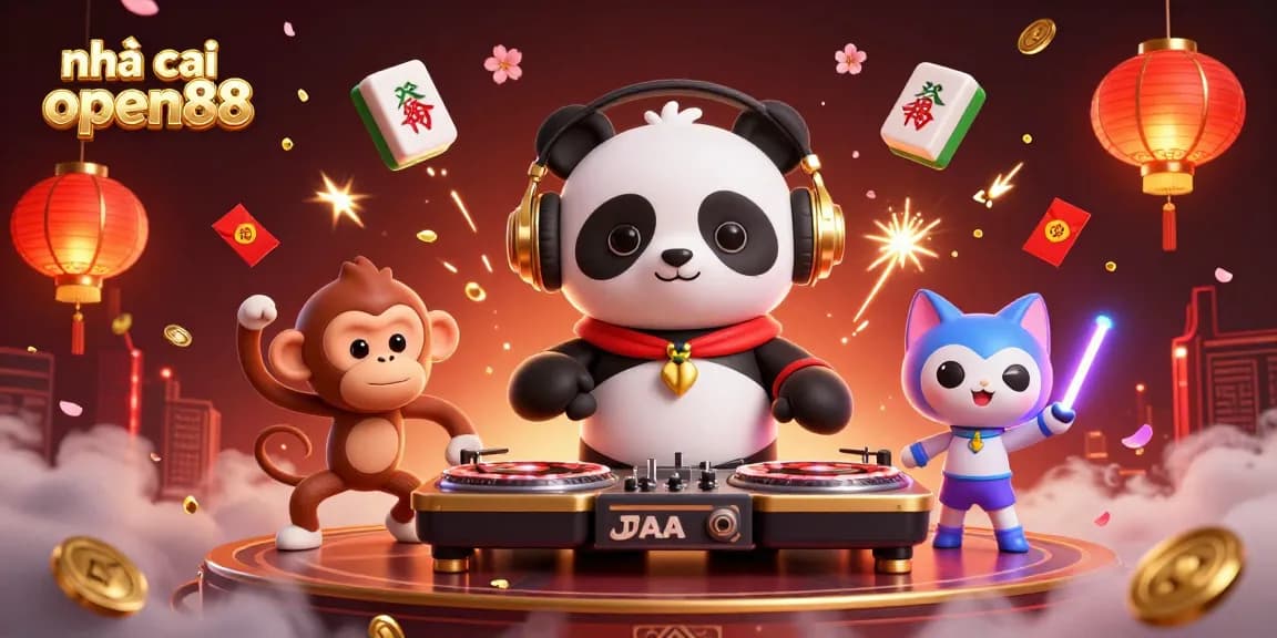Feel the excitement at nhà cái open88 as 3D cartoon characters celebrate in a vibrant casino environment.
