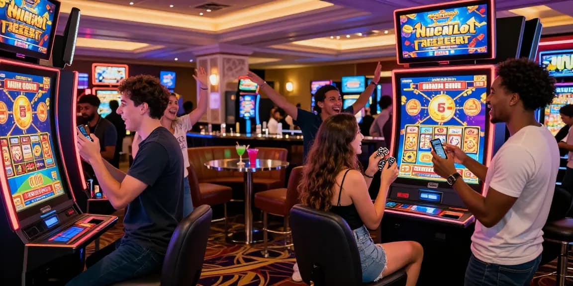 Excited friends celebrating a jackpot win at bandar slot machine in a luxurious casino setting.