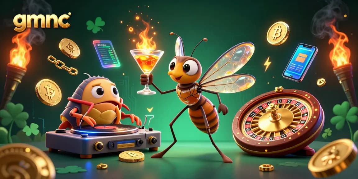 Experience gmnc with a lively casino scene featuring unique characters and vibrant crypto elements.