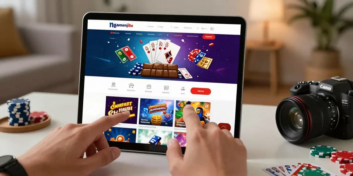 Player experiencing ngamenjitu online gambling with mobile device and vibrant gaming interface.