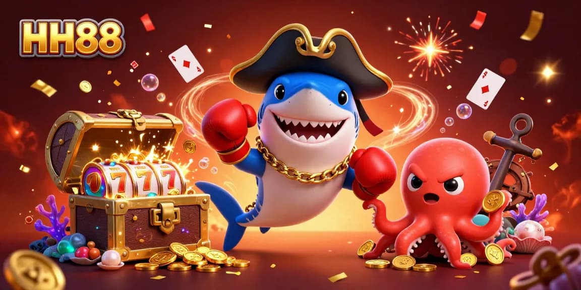 Join the exciting HH88 casino adventure with cartoon characters celebrating winnings in an underwater theme.