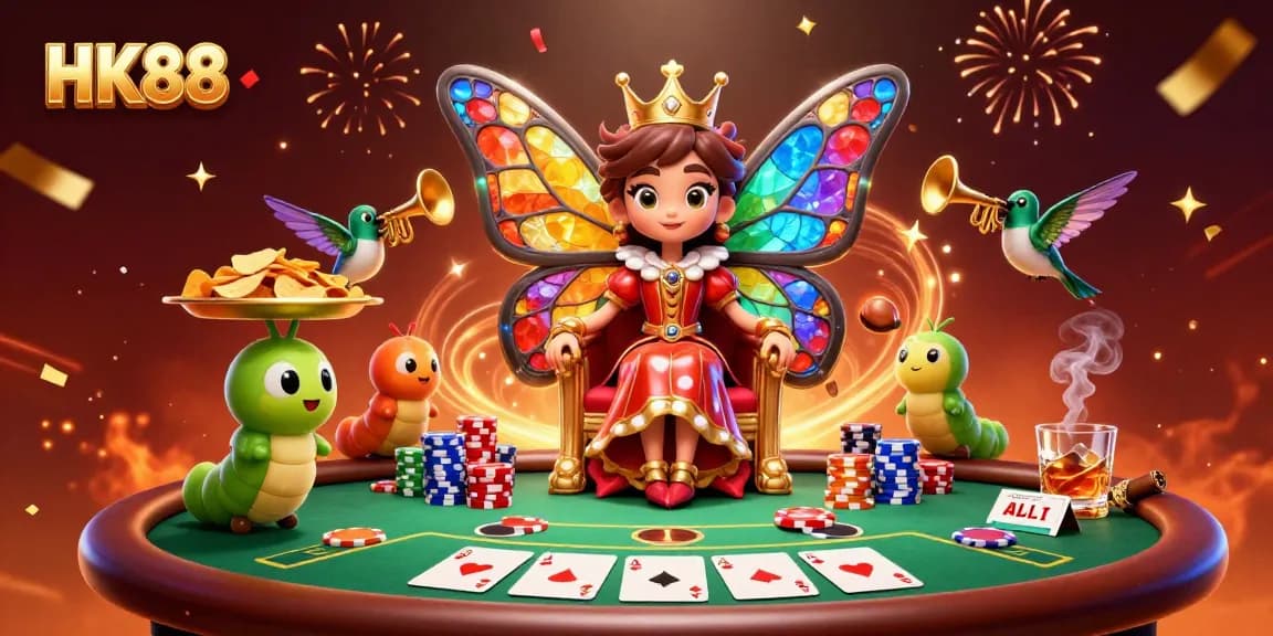 Engage with exciting HK88 casino adventures featuring a butterfly queen and vibrant poker elements.