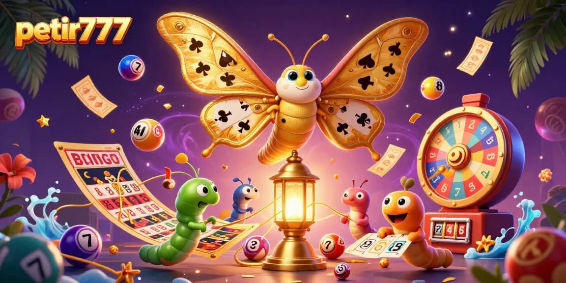 Engage in winning strategies with petir777, featuring a whimsical casino scene with vibrant lottery balls and lucky symbols.