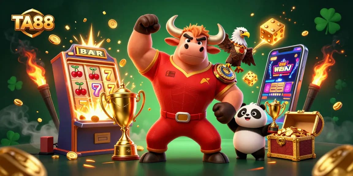 Experience the excitement of TA88 with a dynamic casino scene featuring a bull, eagle, and panda surrounded by winning elements.