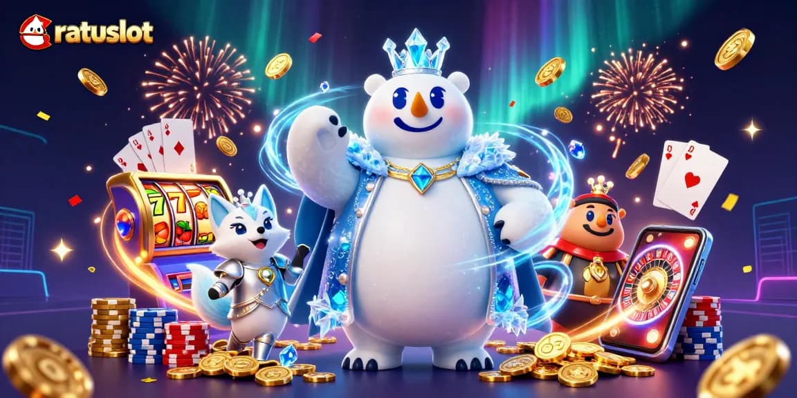 Win big with ratuslot in this vibrant casino scene featuring iconic game elements.