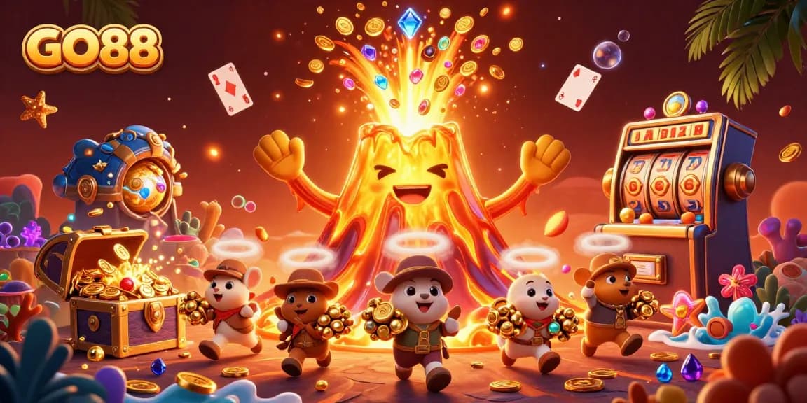 GO88 players celebrating wins with a golden volcano erupting treasure amidst dynamic casino elements.