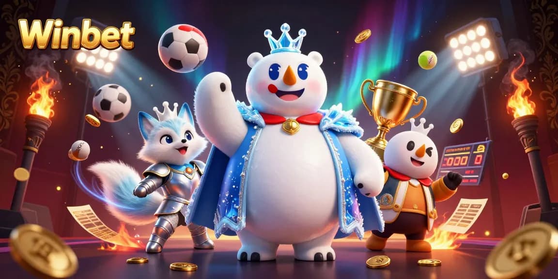 Winbet's polar bear and fox navigate a vibrant sports betting realm in an engaging 3D illustration.
