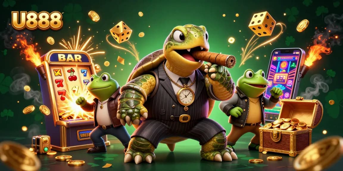 Experience thrilling wins at U888 with a dynamic scene of casino excitement featuring vibrant slot machines and glamorous characters.